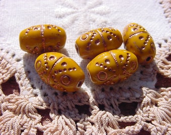 Goldenrod Chartreuse Golden Etched Vintage Style Glass Beads