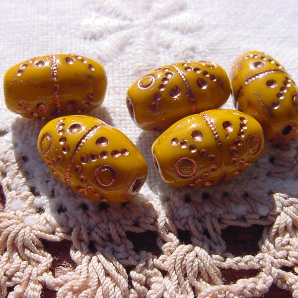 Goldenrod Chartreuse Golden Etched Vintage Style Glass Beads