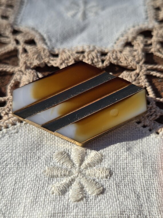 Tawny Sienna Brown Alabaster White Golden Art Deco Vintage Czech NOS Glass Brooch
