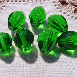 Verdant Emerald Green Boldest Lime Green Vertical Facets Vintage West German Glass Beads