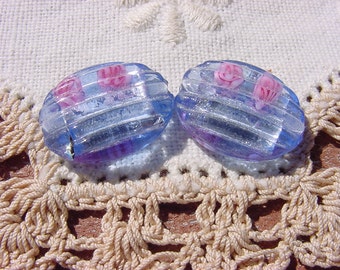Rare Light Sapphire Blue Foil Floral Vintage Glass Beads