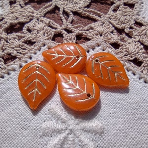 Autumn Orange Creme DOUBLE SIDED Opal Opalescent Gold Golden Etched Leaves Czech Glass Beads