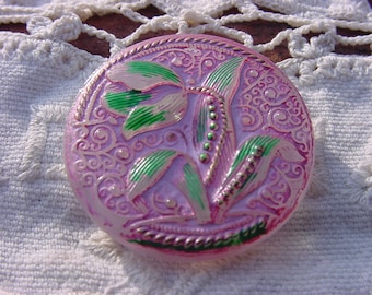 Carnation Pink Lace Tulip Czech Glass Button