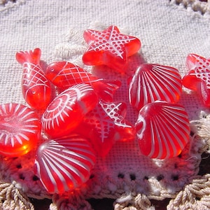 May include: A collection of red glass sea life charms with white detailing. The charms include starfish, seashells, and fish.
