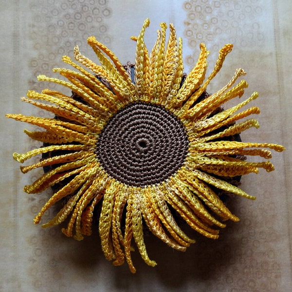 Folk Art, Sunflower, Mixed Media, Crochet Flower Stone, Original, Handmade, Table Decorations, Nature, Garden, Decorative Arts