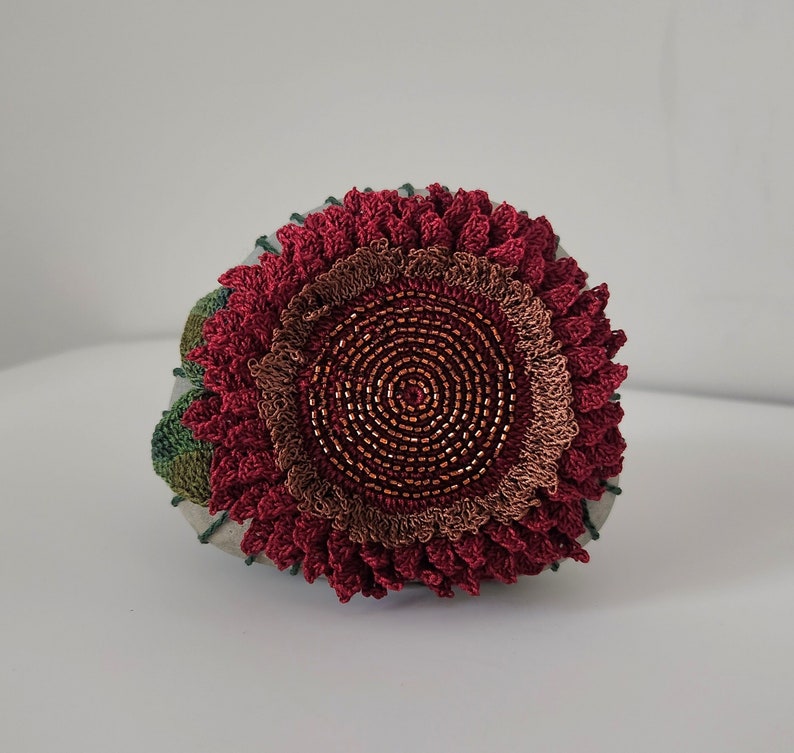 Crochet, Crochet Gifts, Crochet Gift, Crochet Handmade, Handmade Crochet, Crochet Decor, Chocolate Sunflower, Beaded Lace Stone, Original image 1