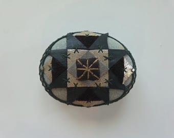 Quilted Leather Crochet Stone, Gift Original Handmade, Decor,  Lace, Home, Table Decor, Decoration, Metallic, Green Brown Gray Oval Interior