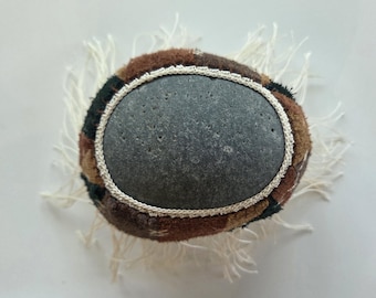 Quilted Leather Suede Crocheted Lace Stone Gift Handmade Home Decor Original Table Decoration Interior Green Brown Rust Unique Ecru Fringe