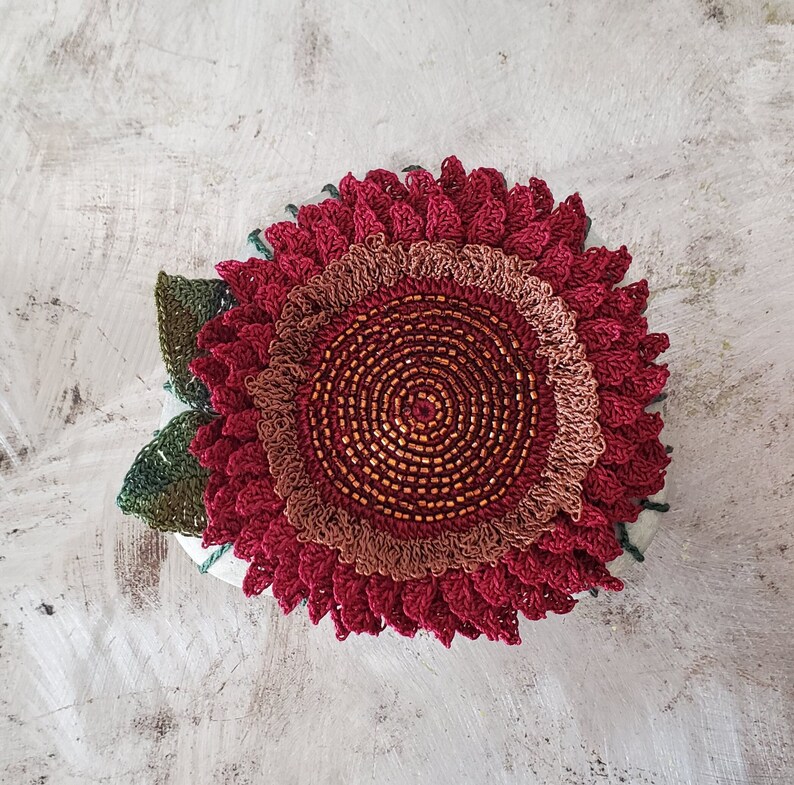 Crochet, Crochet Gifts, Crochet Gift, Crochet Handmade, Handmade Crochet, Crochet Decor, Chocolate Sunflower, Beaded Lace Stone, Original image 2