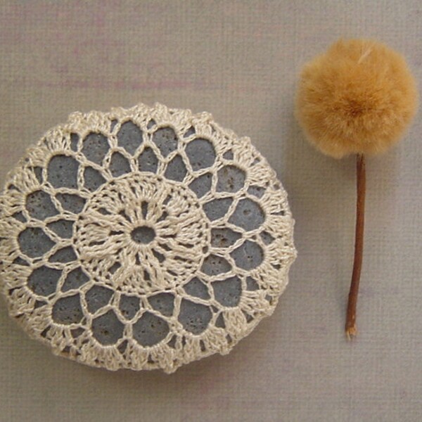 Crocheted Lace Stone, with Tiny Stitches, Beige, Blue-Gray, Handmade