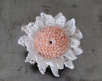 Crocheted Lace Pebble, Baby White Sunflower, Glass Beads, Handmade, Original