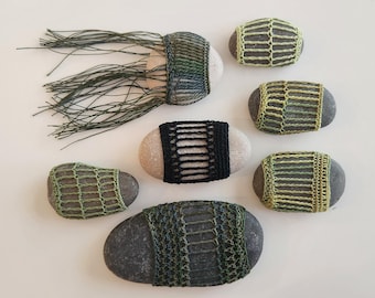 Crochet, Crochet Gifts, Handmade, Original, Crocheted Pebbles, Black Fern Green, Set of 7, Handmade, Miniature, Nature, Collectible Art