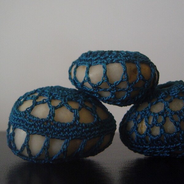 Crocheted Lace Stones, Collection of 3, Teal Blue, Handmade
