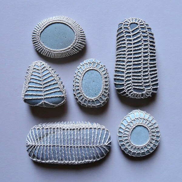 Folk Art, Miniature Art, Crochet Lace Stone, Original, Handmade, Tiny, Indonesian River Rock, Beige, Blue Stone