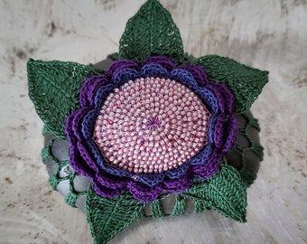 Crochet, Crochet Gifts, Crochet Gift, Crochet Handmade, Handmade Crochet, Crochet Decor, Lace Flower, Purple, Blue, Stone, Beaded, Original