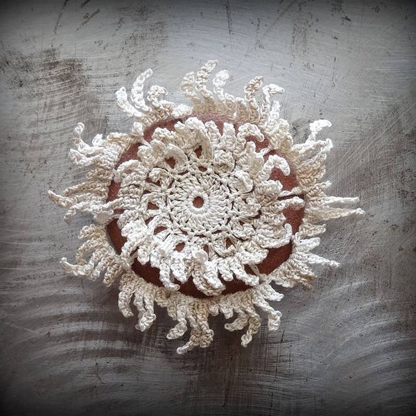 Crocheted Stone, Original Handmade One of a Kind Design, Lace, Decorative Doily, Home Decor, Small, Fringe, Natural, Rustic, Ecru, Monicaj