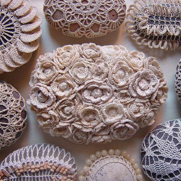 Reserved, Mixed Media Art, Original, Crochet Lace Stone, Handmade, Flowers, Wedding, Table Decorations, Beige