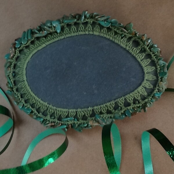 Art, Mixed Media, Original, Tribal, Crochet Lace Stone, Table Decorations, Handmade, Green Thread, Turquoise on a Gray Stone