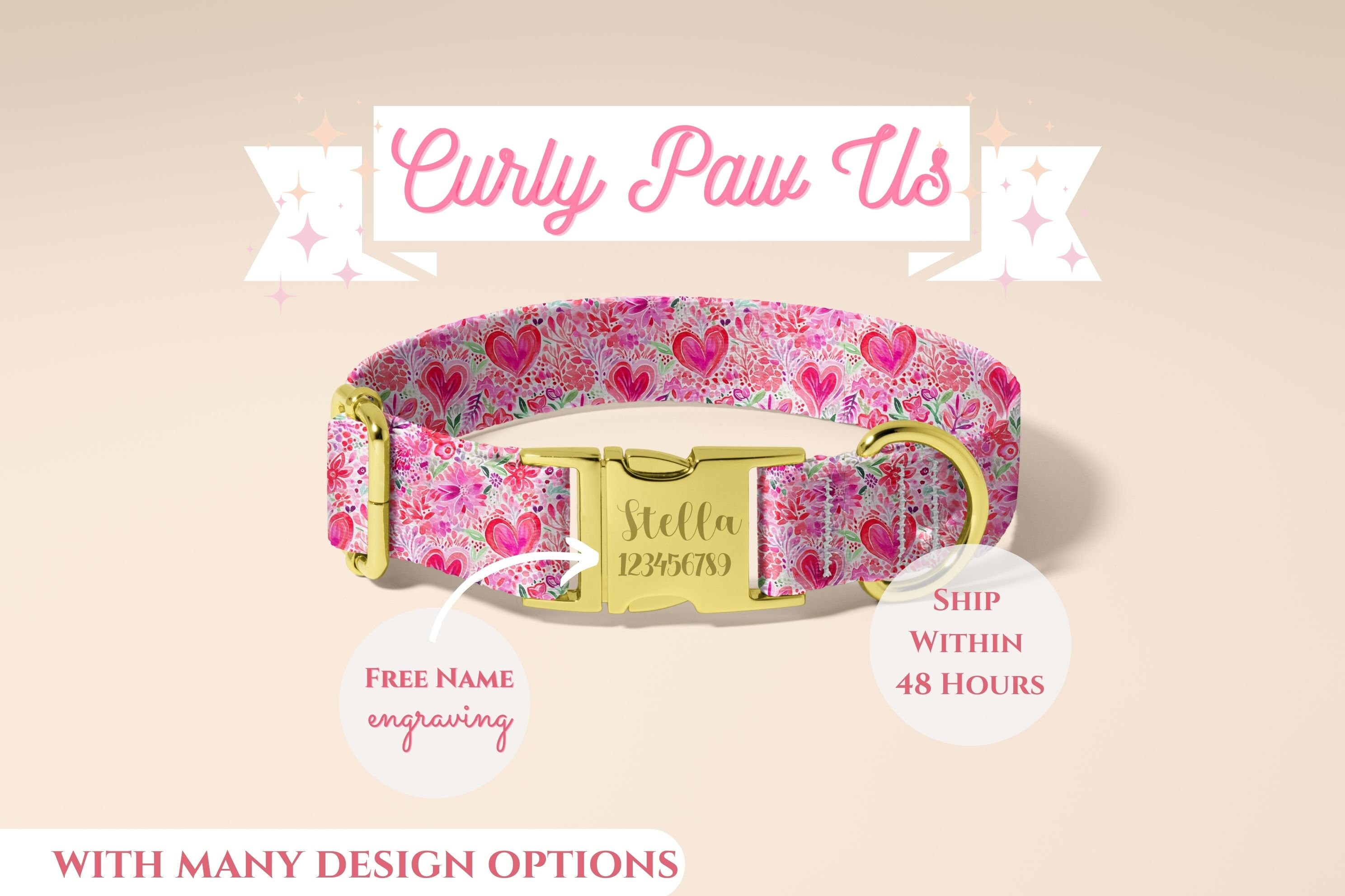 Personalized Dog Collar Floral, Girl Dog Collar With Metal Buckle