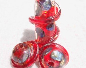 RED VINES Set(3) Handmade Lampwork Art Glass Beads- Flaming Fools Lampwork Art Glass  sra