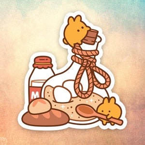 Peut inclure: Une illustration de dessin animé d'un bocal en verre avec une corde attachée autour du cou. À l'intérieur du bocal se trouvent du sucre brun, des œufs et un petit carton de lait étiqueté "M". Il y a deux petits pains de dessin animé et une cuillère de dessin animé. Le bocal est surmonté d'un ours de dessin animé avec une barre de chocolat dans la bouche.