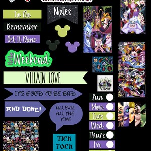 Puede incluir: Un conjunto de pegatinas para planificador con fondo negro. Las pegatinas presentan villanos de Disney, siluetas de Mickey Mouse y frases como "Villain Love" y "It's good to be bad."
