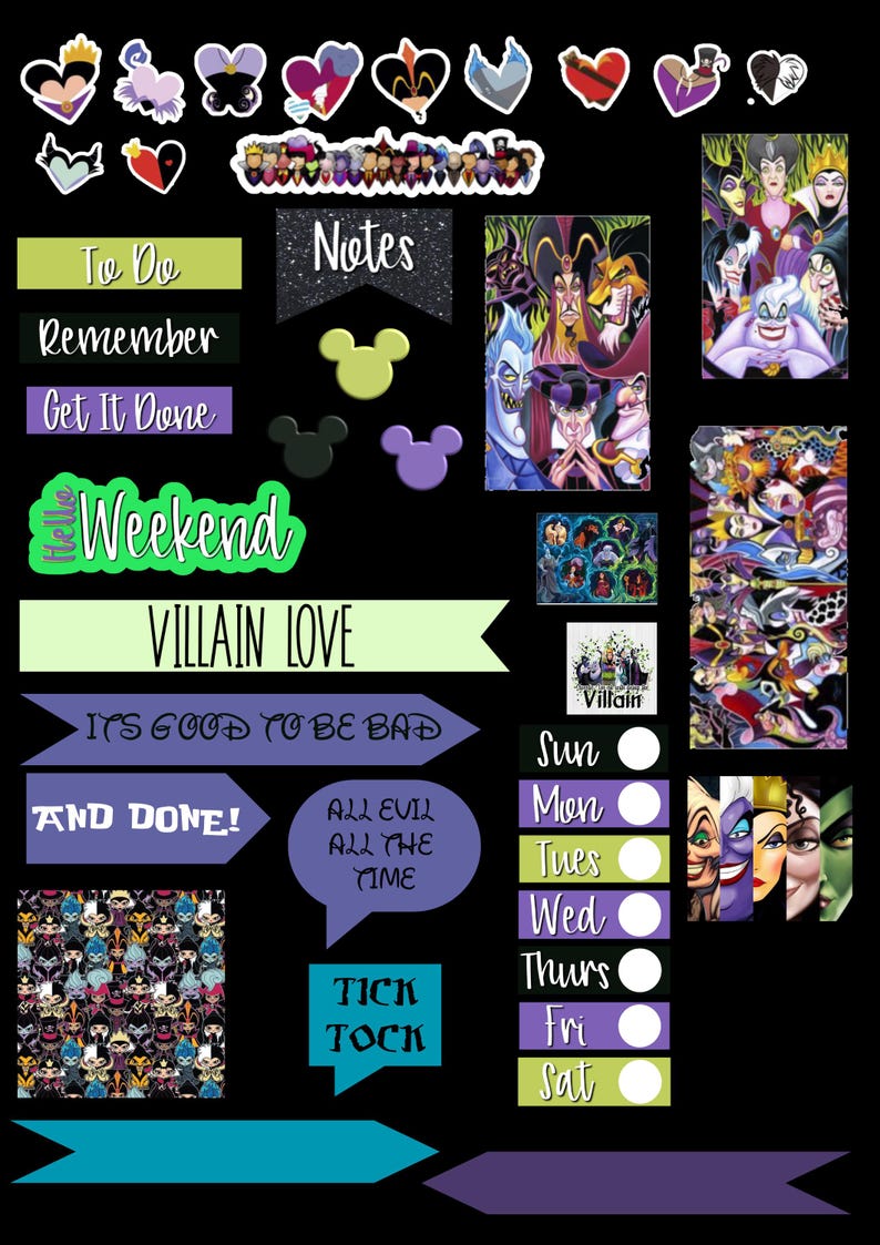 Puede incluir: Un conjunto de pegatinas para planificador con fondo negro. Las pegatinas presentan villanos de Disney, siluetas de Mickey Mouse y frases como "Villain Love" y "It's good to be bad."