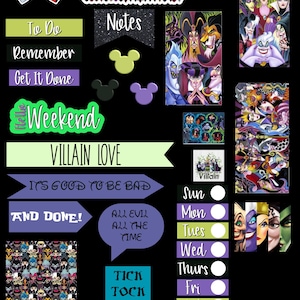 Puede incluir: Un conjunto de pegatinas para planificador con fondo negro. Las pegatinas presentan varios villanos de Disney, siluetas de Mickey Mouse y frases como "To Do", "Weekend" y "Villain Love". La paleta de colores incluye verde, morado y turquesa.