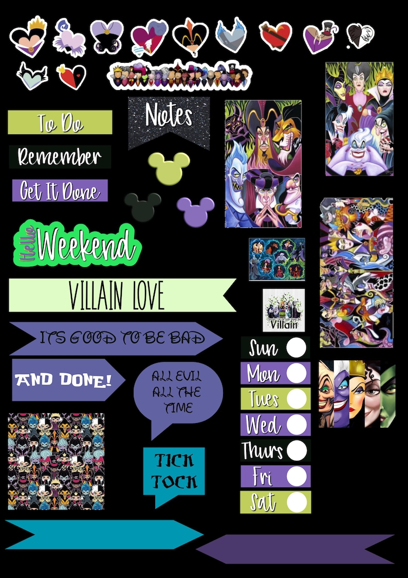 Puede incluir: Un conjunto de pegatinas para planificador con fondo negro. Las pegatinas presentan varios villanos de Disney, siluetas de Mickey Mouse y frases como "To Do", "Weekend" y "Villain Love". La paleta de colores incluye verde, morado y turquesa.