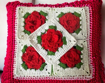 HANDMADE CROCHET ROSE granny squares set of 24.Vintage Red Floral 3D Motif for Blankets and Home Decor, Country-Style Craft Squares"