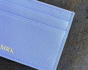 Personalized Light Blue Leather Card Holder, Customized leather Card wallet, Monogram Leather Card Case