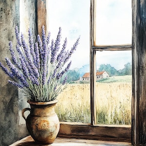 Puede incluir: Un ramo de flores de lavanda en un jarrón de barro marrón rústico se encuentra en un alféizar de ventana de madera. La ventana da a un campo de trigo con una pequeña granja en la distancia.