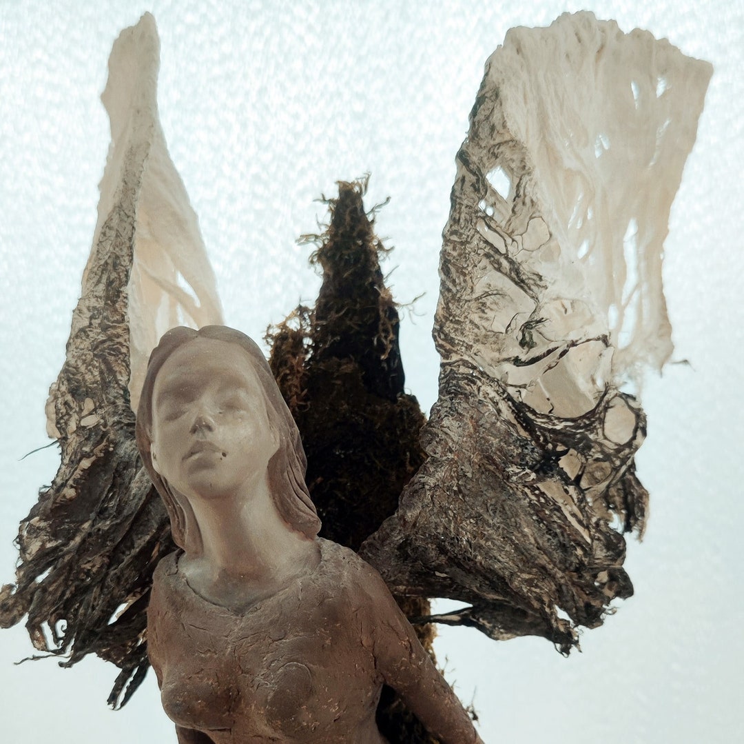 Handmade Clay Angel Sculpture With Pine Bark and Moss Wings - Etsy
