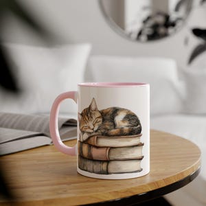 Sleeping Cat on Stack of Books Mug | Cute Bookish Cat Accent Mug