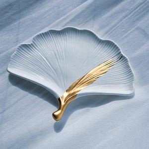 Handmade Concrete Ginkgo Leaf Trinket Dish: Gold Accent Jewelry Tray