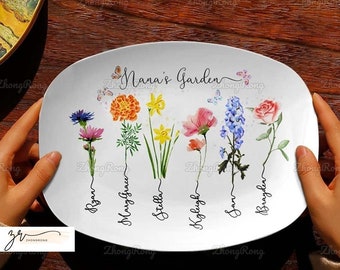 Custom Grandma Garden Resin Plate, Personalized Birth Month Flower Garden Platter, Mother Day Gift, Gift For Mom, Gift For Nana