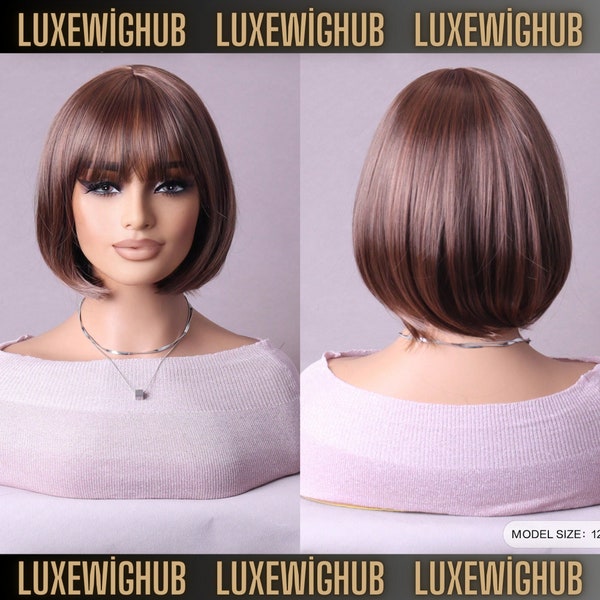 Wig Short Brown Straight Hair Multi-Color Fashion Wig Woman With Bangs Full Head Cover