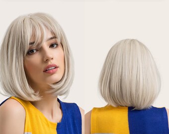 Women's Wigs 14" White And Black Short Straight Wigs White Gold Bob Wigs Cosplay Synthetic Wigs With Bangs Wigs