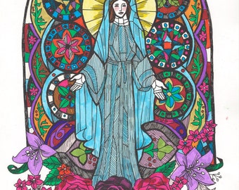 Our Lady Of The Roses Color Illustration Original Pen and Ink Hand Made Drawing Graphic Novel Dame Darcy