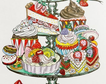 Color Cakes Illustration Original Pen and Ink Hand Made Drawing Graphic Novel Dame Darcy