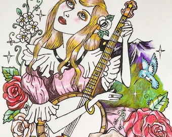 Art Print Glycee Print Color Illustration Banjo Roses Recycled Paper Dame Darcy