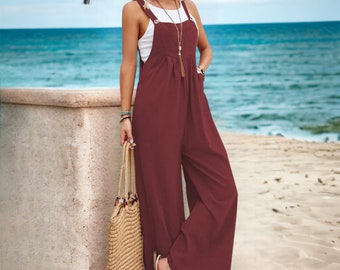 Damen Sommer Leinen Overall, Boho Jumpsuit mit weitem Bein, Baumwoll Leinen Overall für Frauen, ärmelloser Sommer Overall, lässige Latzhose