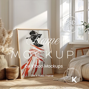 DIN A Thin Wood Frame Mockup PSD, Wood Frame Mockup PSD, Boho Frame Mockup, A2 Frame Mockup, 3x4 Mockup, Glass Reflection Frame Mockup