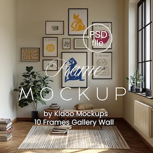 Gallery Wall Mockup PSD, 10 Frames Mockup, Black Frame Mockup Gallery Wall, Multiple Frame Mockup, Eclectic Gallery Poster Art Mockup