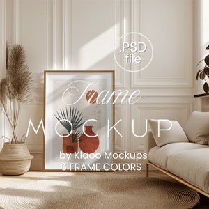 May include: A mockup of a framed print with a minimalist abstract design featuring a vase, leaves, and geometric shapes in shades of brown, orange, and white. The frame is a light wood color and the print is displayed on a white wall with a rug and a couch in the background. The text "Frame Mockup" and "by Klaoo Mockups" is displayed below the frame. The text "6 FRAME COLORS" is displayed below the text "by Klaoo Mockups".