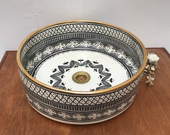 Lavabo marocain en poterie Waschbecken, rebord en or 14 carats, meuble-lavabo à double vasque