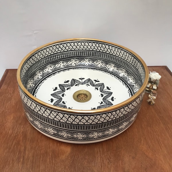 Lavabo marocain en poterie Waschbecken, rebord en or 14 carats, meuble-lavabo à double vasque