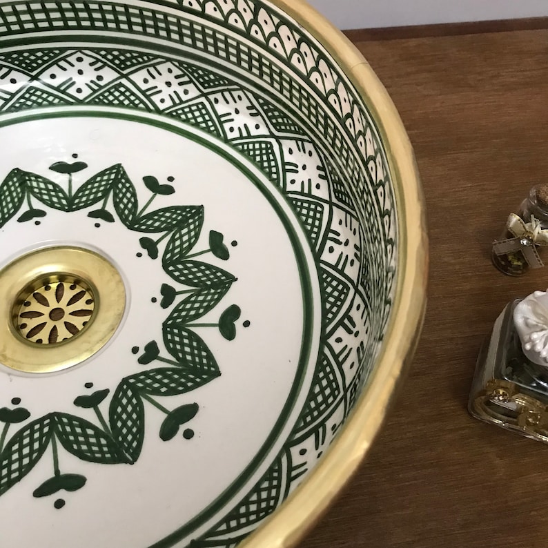 Lavabo marocain vert avec rebord en laiton élégant, décoration de salle de bain, éviers artisanaux image 10