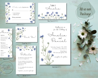 Wildflower Wedding Cards, Printable Wedding Invitation, Wedding Invitation Cards All in One, Floral Wreath, Edit New Unique Card Printables