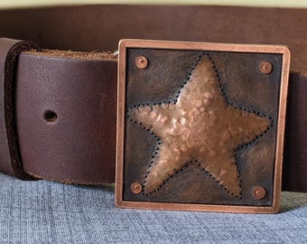 Hebilla de cinturón de cobre con forma de estrella, cuadrada y única, martillada, única en su tipo